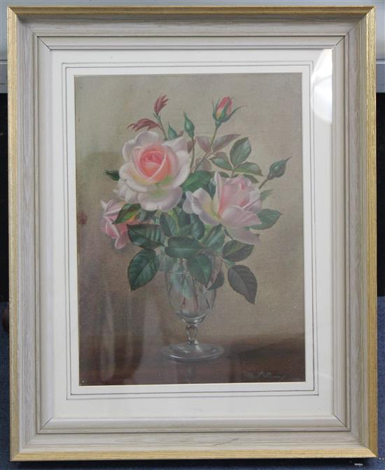 Albert Williams (1922-2010) Pink roses in a glass vase, 14.5 x 10.75in.